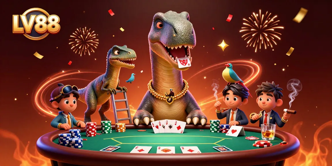 Engaging LV88 scene of a giant brontosaurus overseeing a vibrant poker game with dynamic elements.