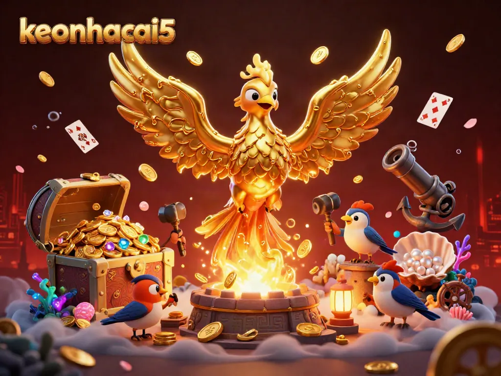 Experience the dynamic energy of keonhacai5 with a molten golden phoenix and coin-filled treasure in a rich gambling scene.