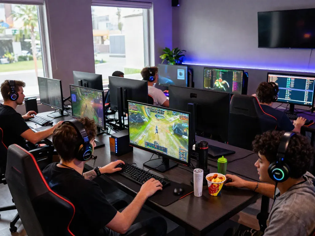 Exciting gaming group experience on bro138 with vibrant lounge setup and high-tech equipment.