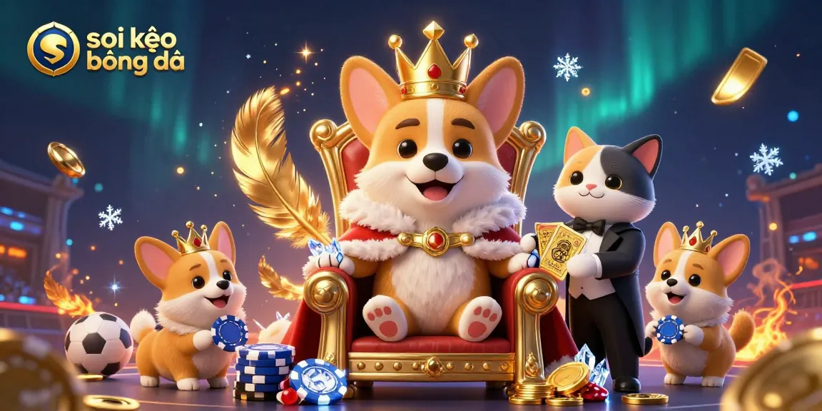 Engage with soi kèo bóng đá in a vibrant 3D illustration featuring corgis among dynamic sports betting elements.