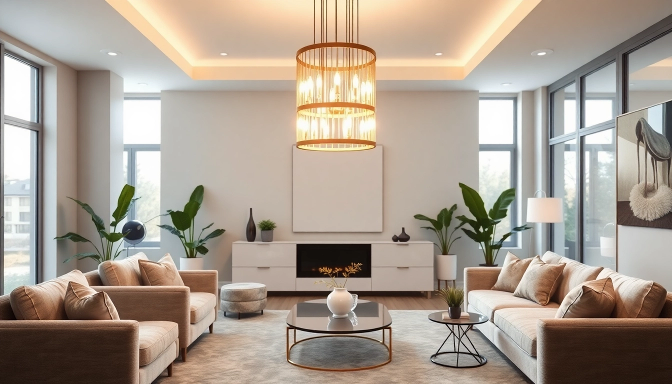 Shop ModernLighting with an elegant chandelier illuminating a contemporary living space.