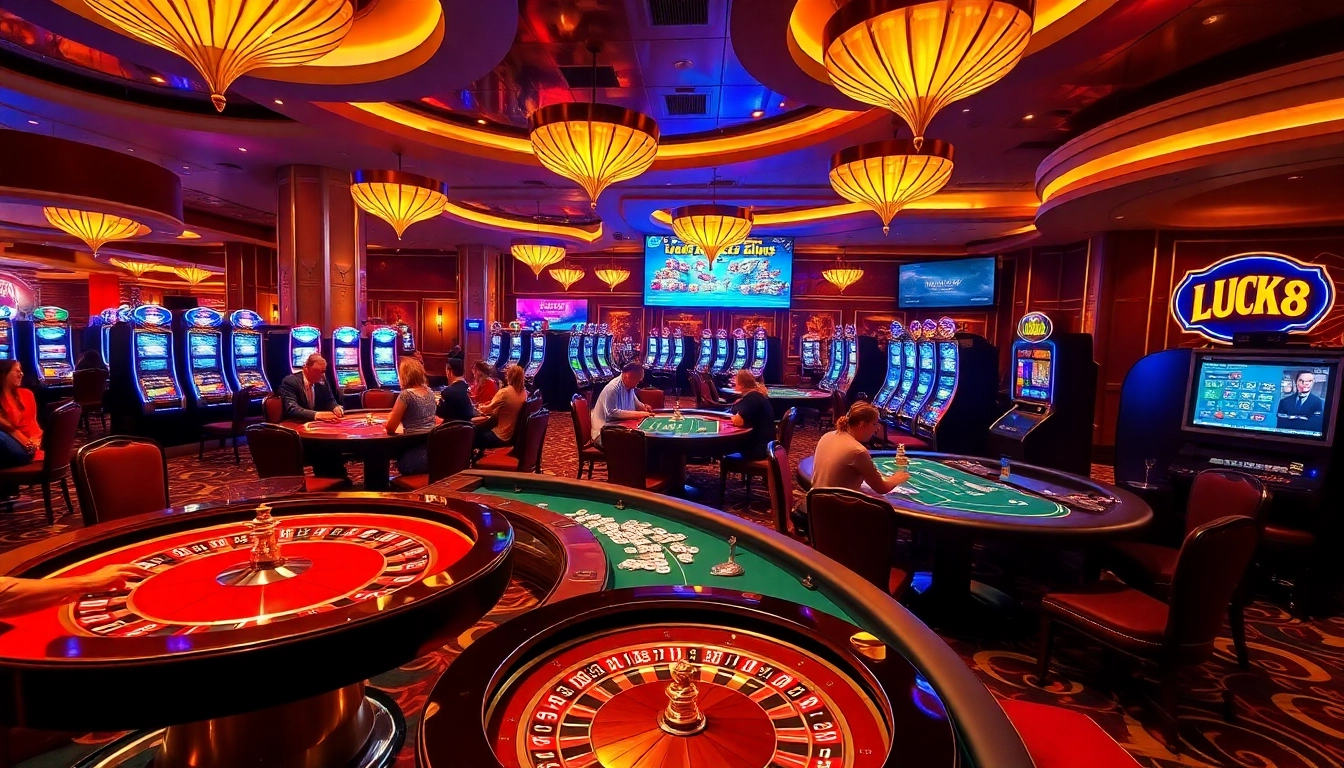 LUCK8 casino scene showcasing high-stakes games and vibrant atmosphere with excited players.