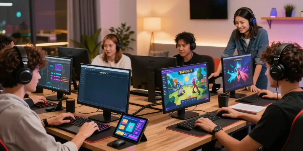 Engaged group of adults playing games on betawi777.com with a focus on responsible gambling.