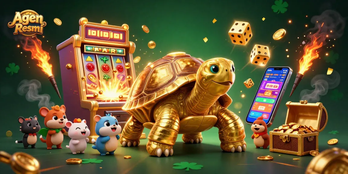 Agen Resmi showcases a lively 3D casino scene with an exciting golden tortoise pinball machine and jackpot rewards.