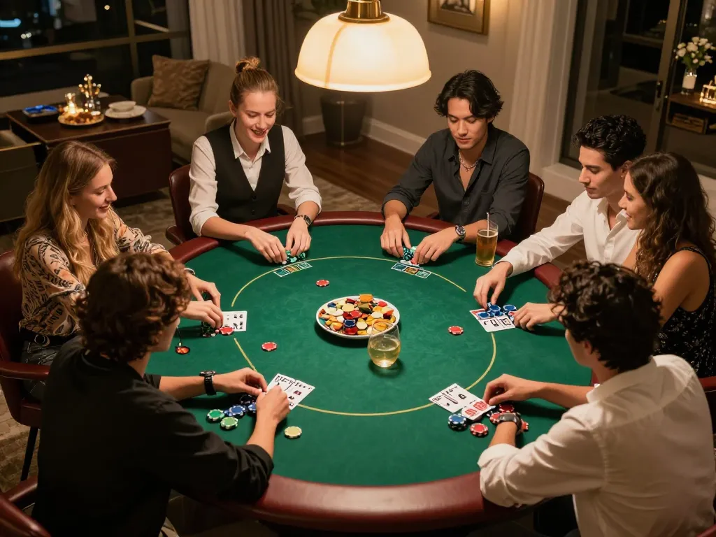 Players enjoying a home poker night with strategies and fun at 789 casino games.