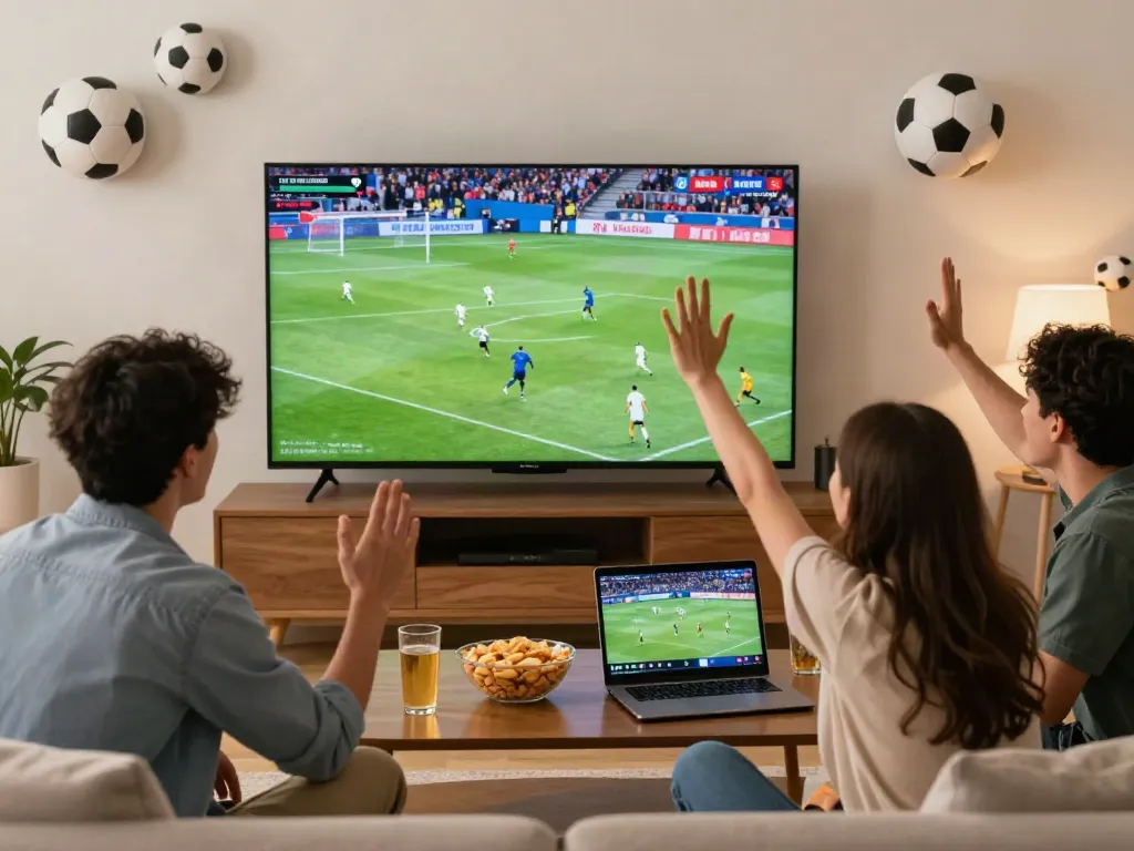 Group enjoying live football on TV via https://thapcamtvlive.live/ with snacks and drinks.