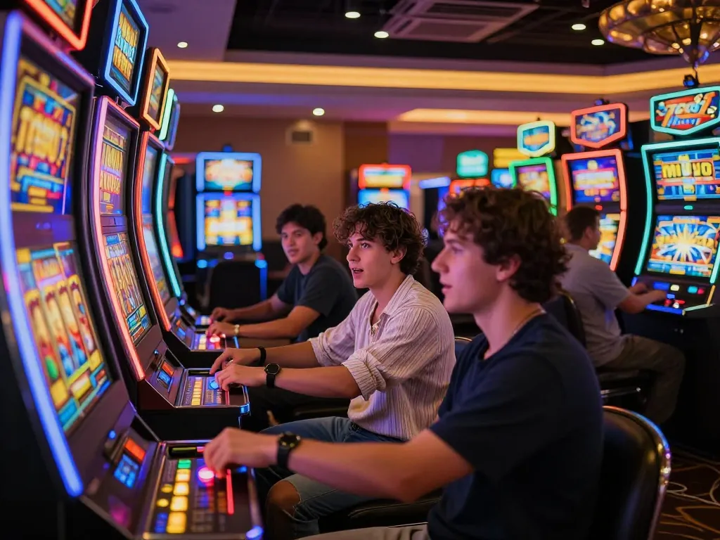 Players enjoying a thrilling slot machine experience in a vibrant casino setting.
