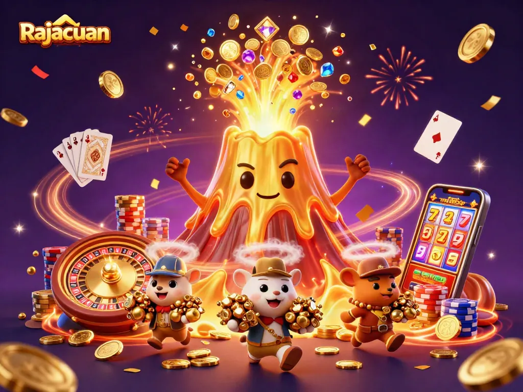 Rajacuan showcases a thrilling casino scene with erupting treasures and lively characters amid the excitement of winning.
