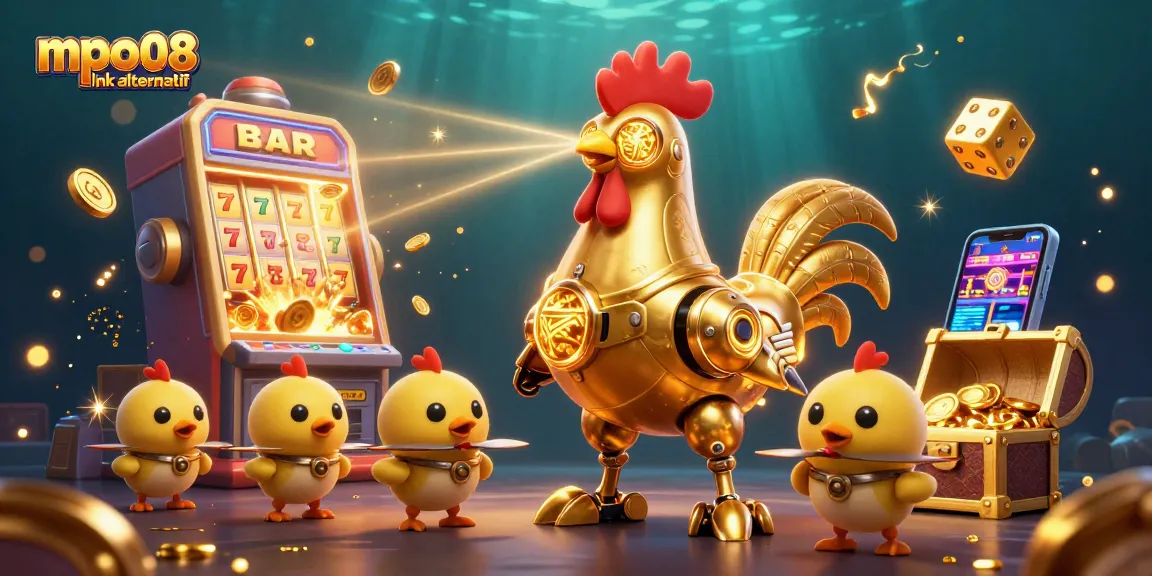 Experience the excitement of mpo08 link alternatif with a vibrant scene of a golden rooster robot and slot machine bursting with winnings.