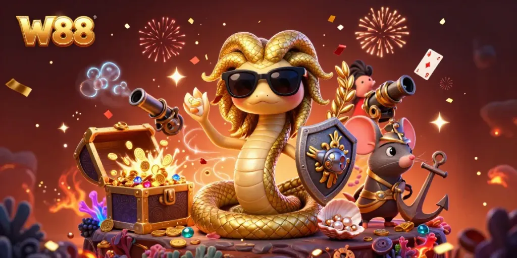 Experience vibrant gameplay at W88 with Medusa and a shield warrior in a rich casino scene.