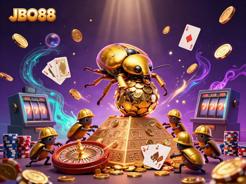 Spin and roll into excitement with JBO88's golden casino treasures in a vibrant 3D scene.