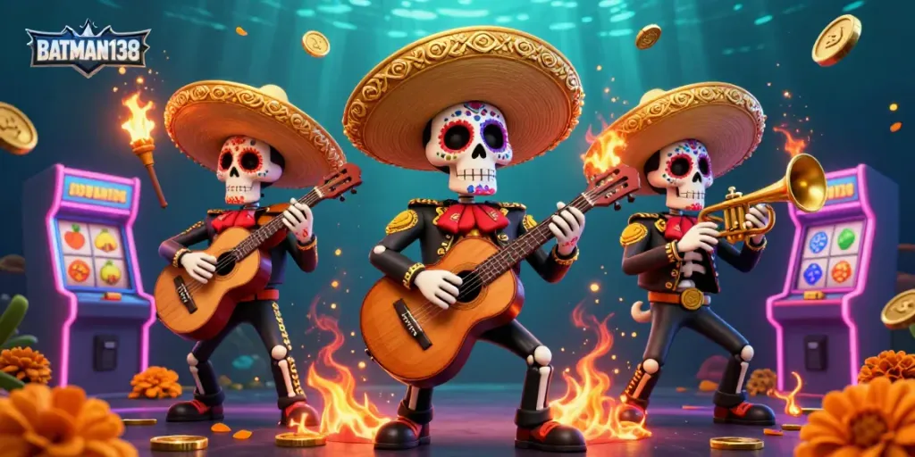Engage with BATMAN138's vibrant slot machine scene featuring animated skeleton mariachi musicians.