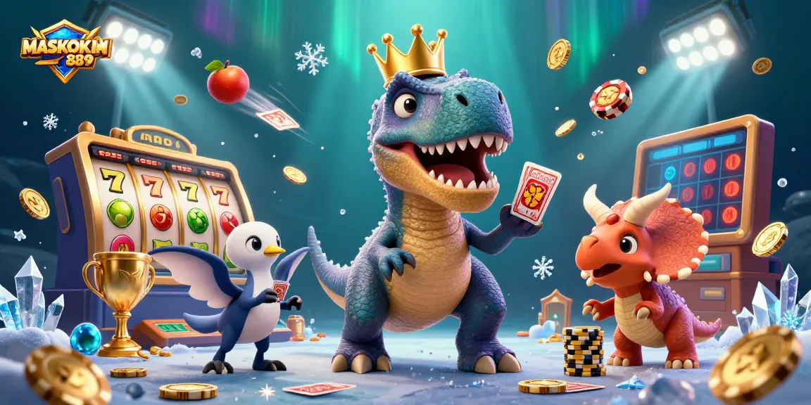 Engage in excitement with MASKOKI889 as a fun-loving T-Rex plays cards with a pterodactyl in a vibrant casino.