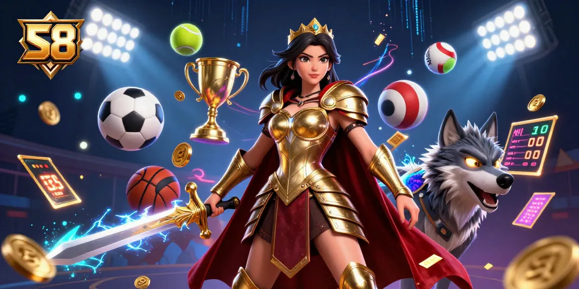 S8 gaming illustration featuring a warrior queen and her wolf companion amidst dynamic betting elements and sports excitement.