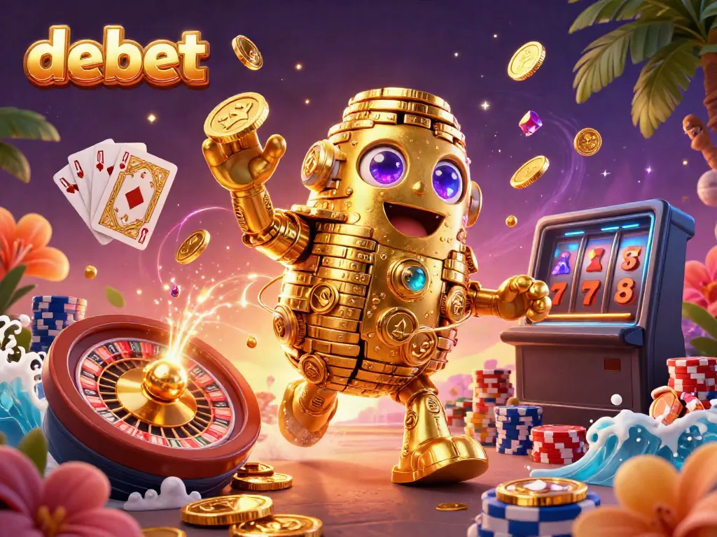 Experience the thrill of debet with a golden golem, slot machines, and cascading coins in a vibrant casino scene.
