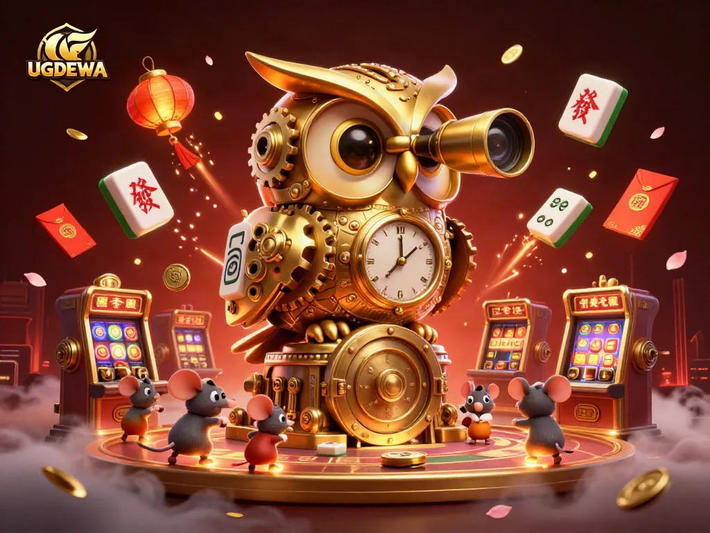 Engage with UGDEWA's thrilling casino experience, featuring dynamic illustrations of games and lucky elements.