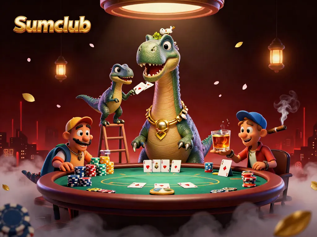 Engage in thrilling poker excitement at Sumclub with a giant brontosaurus dealer and vibrant casino scene.