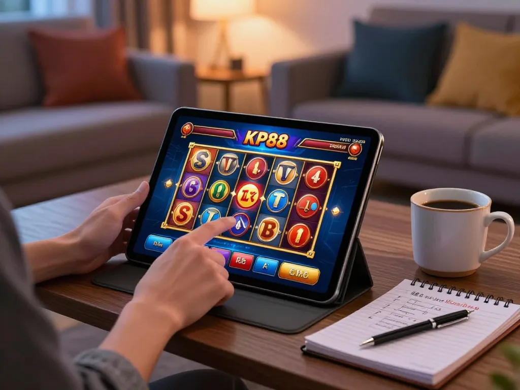 Engaged gamer using KP88 mobile app to spin slots in a cozy living room setting.