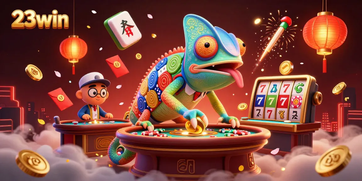 Engage in thrilling gameplay with the vibrant 23win chameleon casino owner surrounded by colorful slot elements.