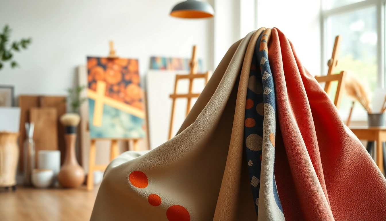 Canvas kopen: diverse canvas stoffen in een stijlvolle studio met creatieve tools.