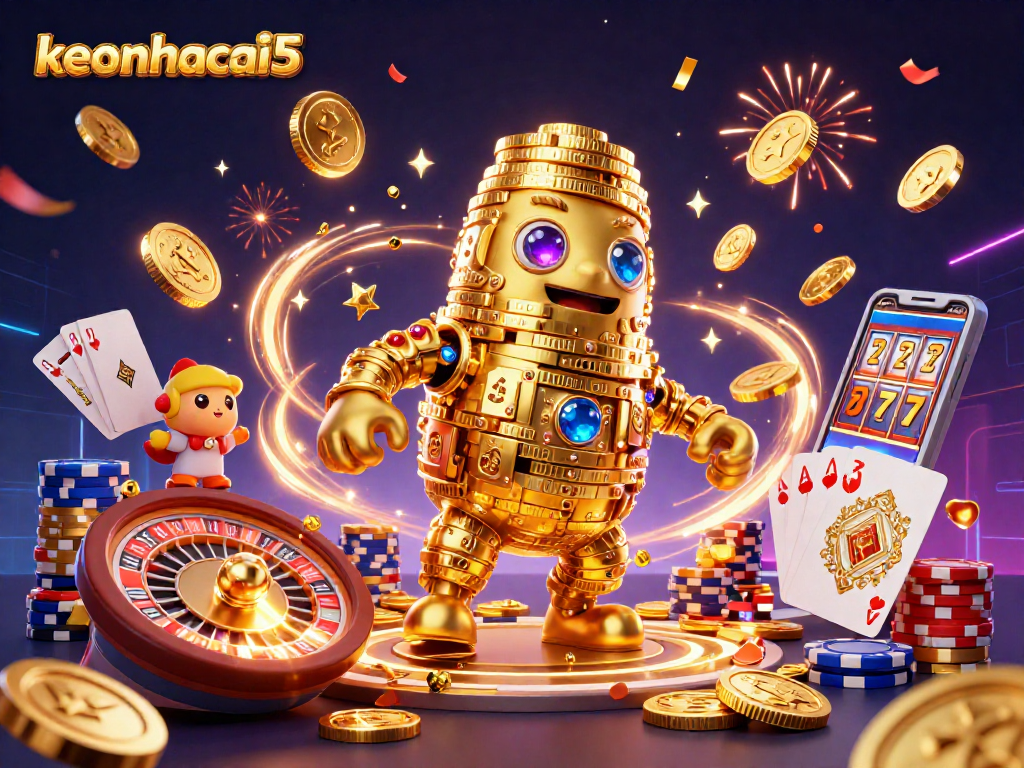 Engage with keonhacai5's vibrant gaming scene featuring a golden golem and dynamic casino elements.