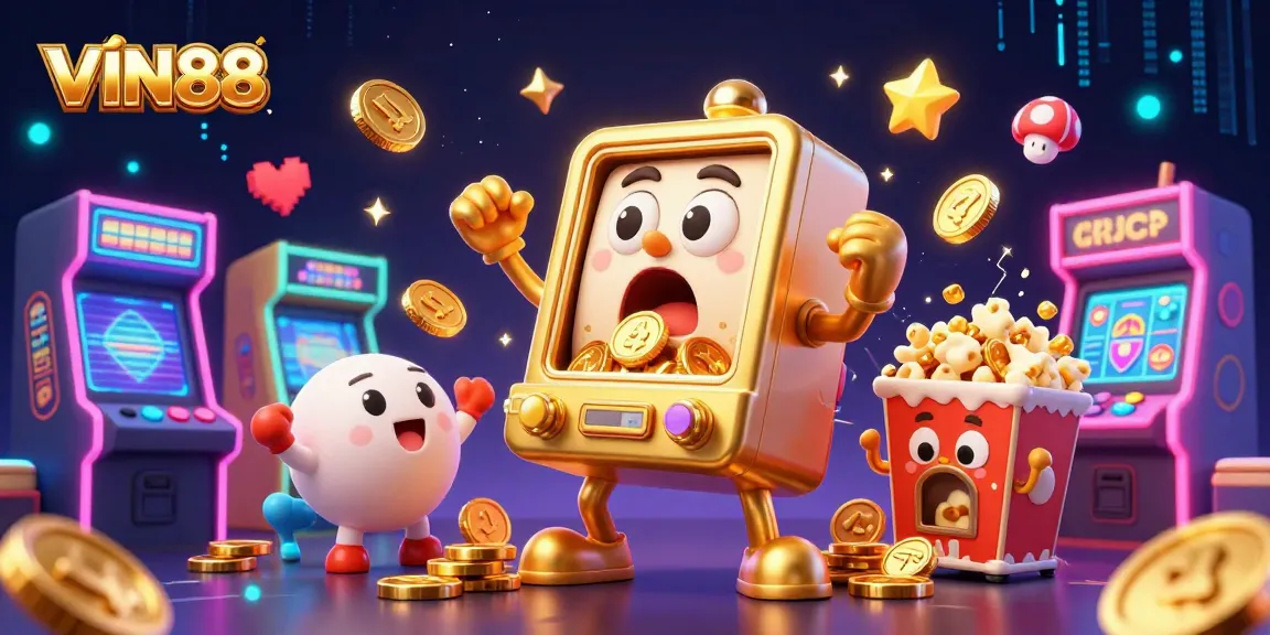 VIN88 slot machine hits jackpot, surrounded by cheering mini slots and arcade game elements.