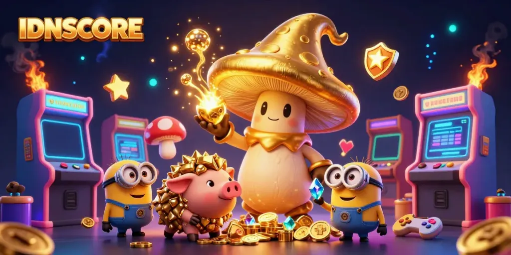 Experience exciting gaming moments with IDNSCORE's magical golden wizard and his treasure-hunting companions.