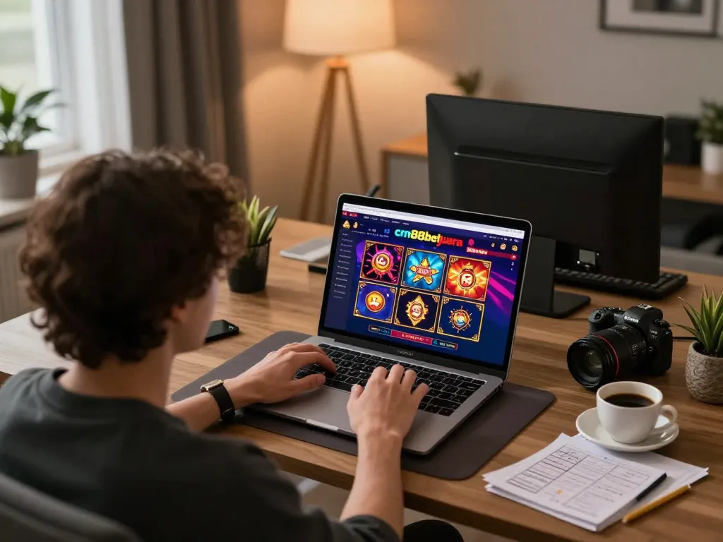 Engaged user on a laptop exploring cm88betjuara online casino games, illustrating a comfortable gaming environment.