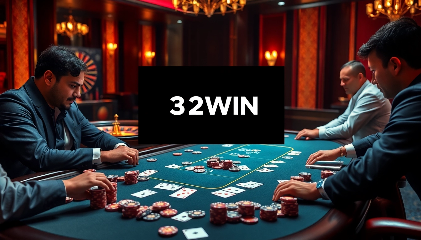 Engaging poker players and vibrant casino elements at 32WIN, showcasing a thrilling gambling experience.
