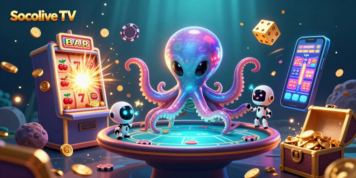 Socolive TV offers an exciting 3D scene of intergalactic characters playing poker with vibrant gambling elements.