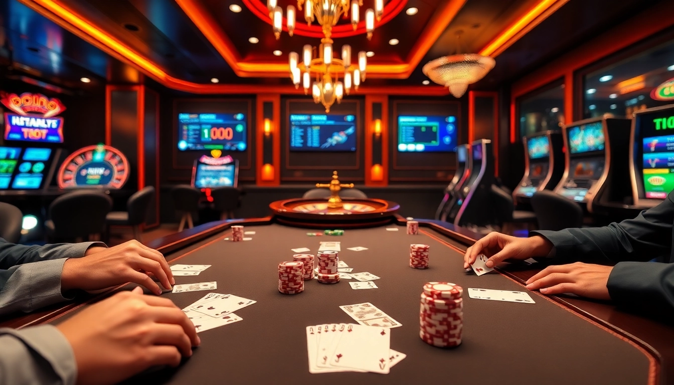 Players engaging at a vibrant i9bet poker table in a luxurious casino setting, with high-quality cards and bright neon lights.