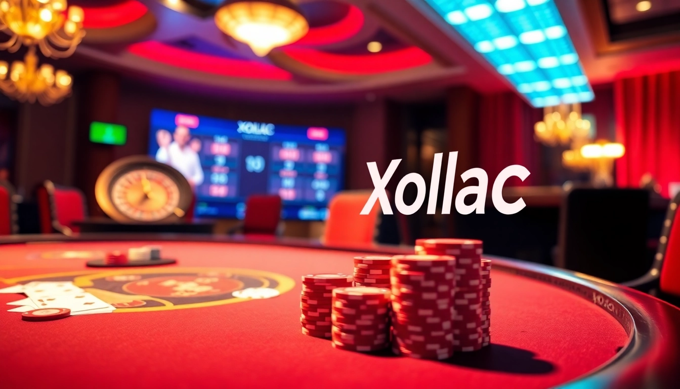 Xoilac poker chips and cards on a glamorous casino table with vibrant lighting.