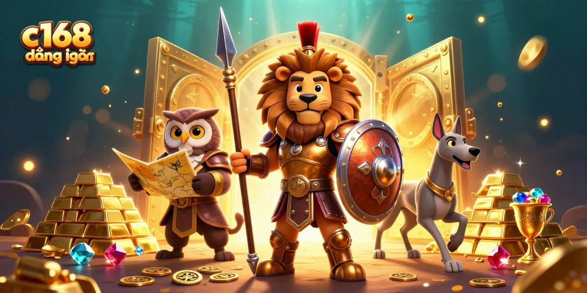 Engaging 3D illustration of c168 đăng nhập, featuring a Spartan lion, owl strategist, and greyhound in a vibrant casino setting.