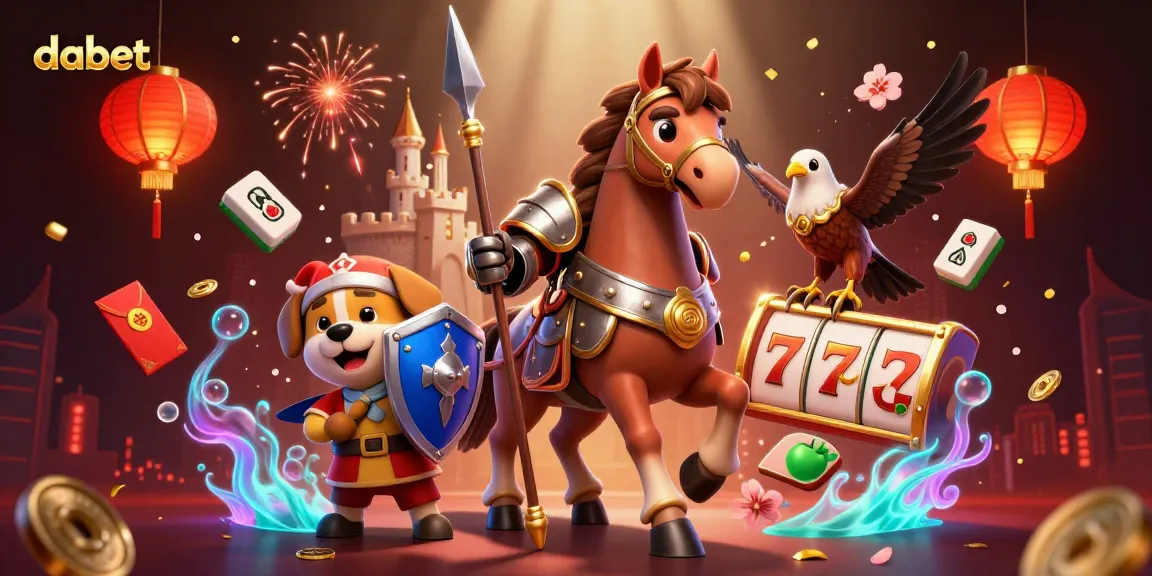 dabet promotes vibrant spins with dynamic slot reels, knight, squire puppy, and falcon amidst festive elements.