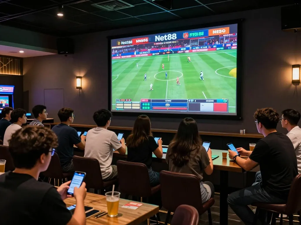 Fans engaging with the Net88 sportsbook, placing bets and watching live sports events.