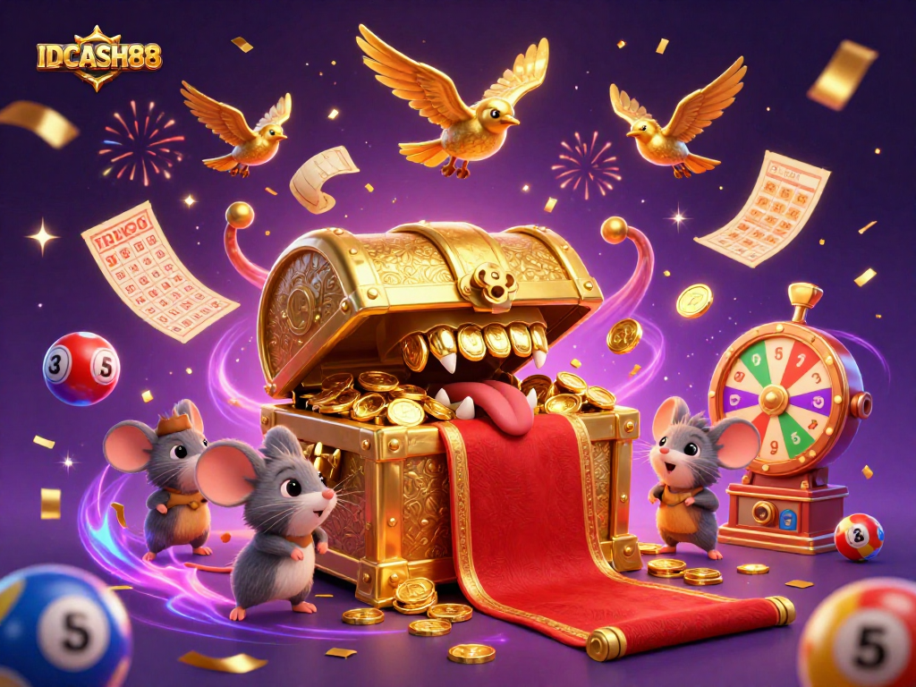 Engage with IDCASH88's thrilling lottery experience featuring vibrant elements and celebratory atmosphere.