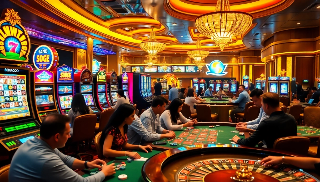 MMOO players engaging with vibrant slot machines and poker tables in a luxurious casino setting.