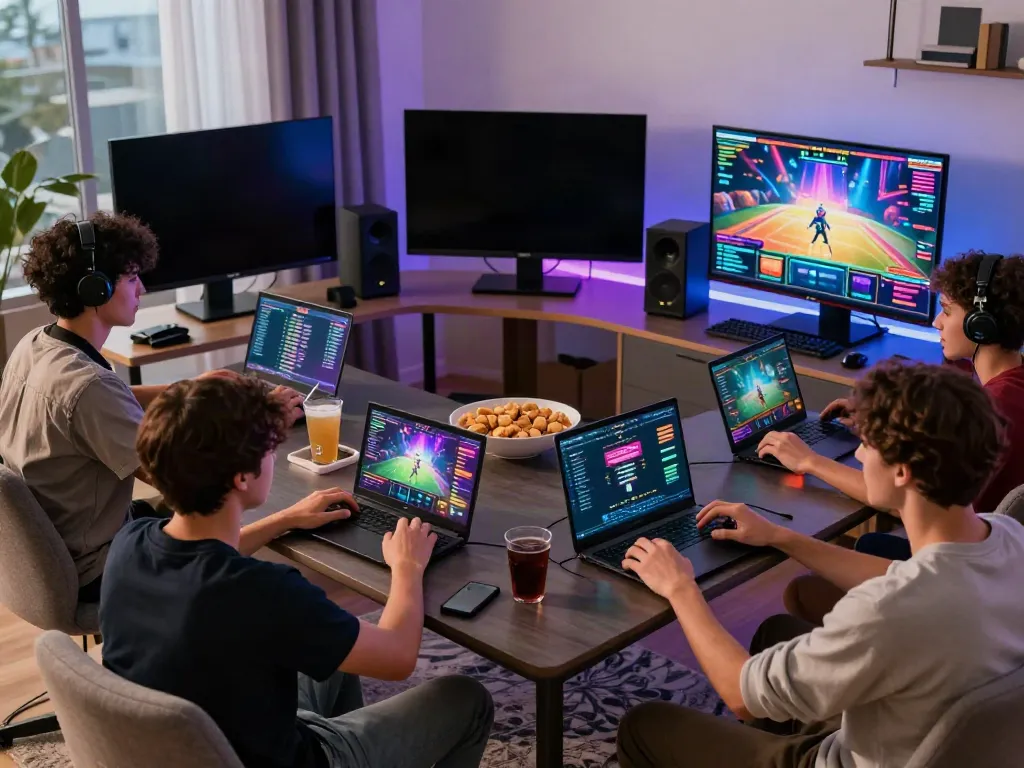 Engaging group of friends playing DA88 slot games together in a modern gaming setup.