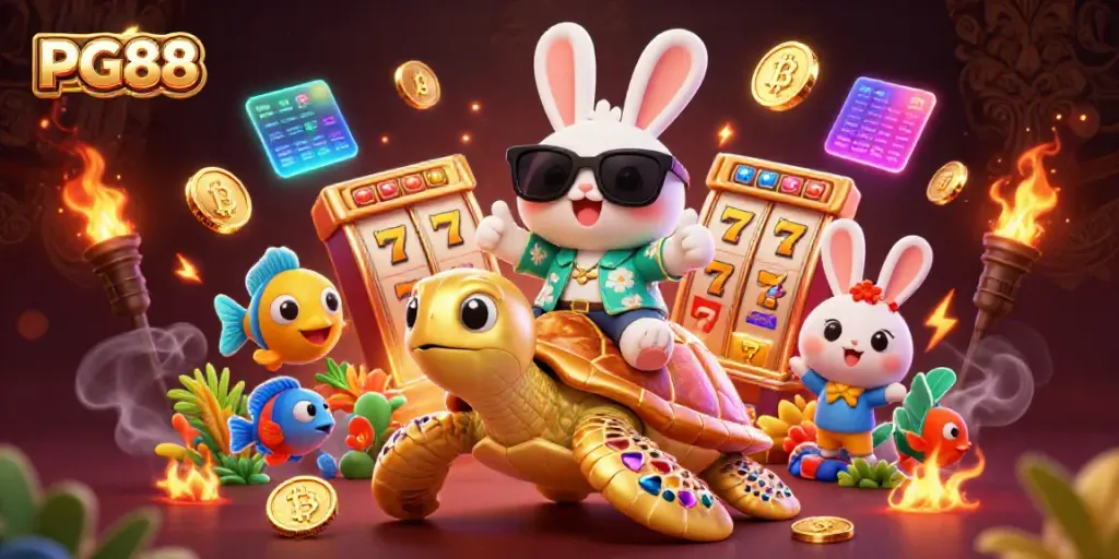 Experience the joy of PG88 casino games with a lucky rabbit and golden turtle in a vibrant scene.