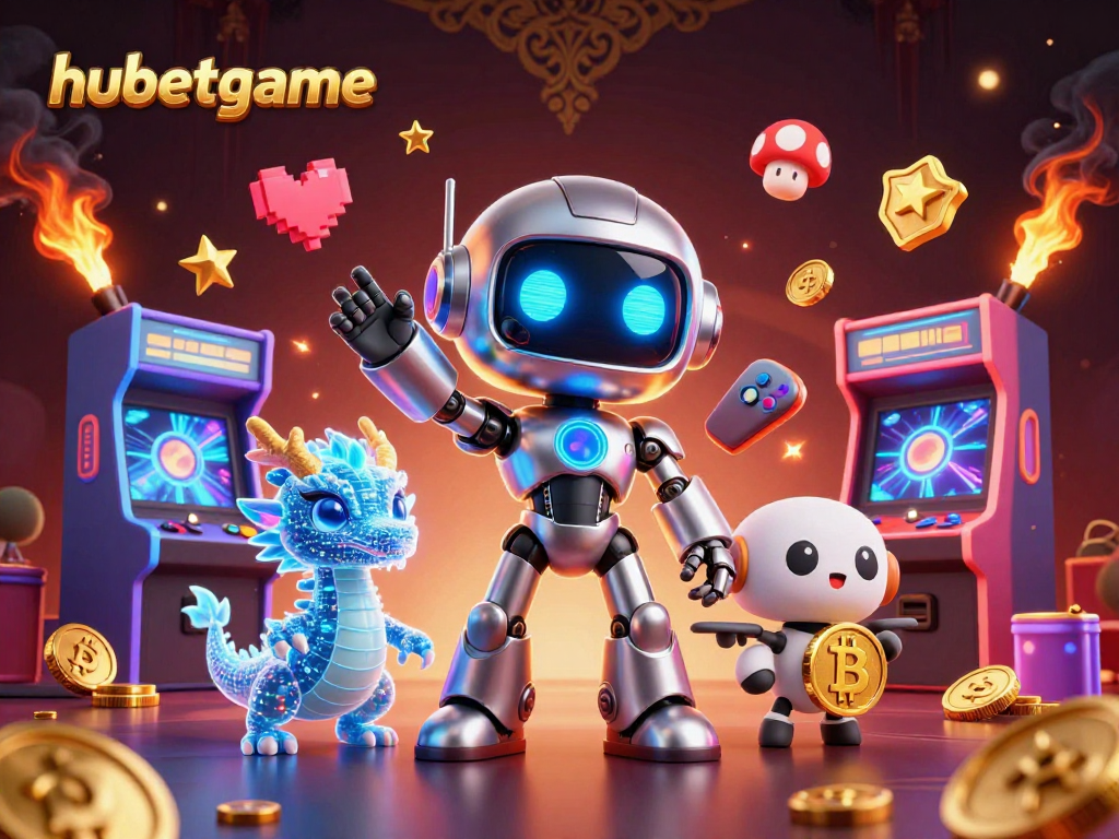 Engage with hubetgame's vibrant online casino experience featuring a futuristic robot mascot and gaming elements.