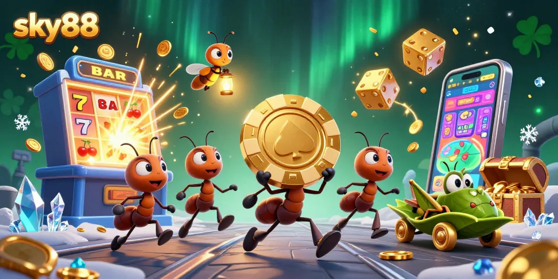 Sky88 gaming heist with ants and vibrant slot machine action in an engaging casino scene.