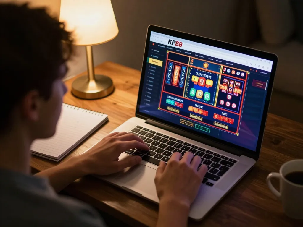 Engaging in online gaming at KP88, showcasing a live dealer game on the laptop