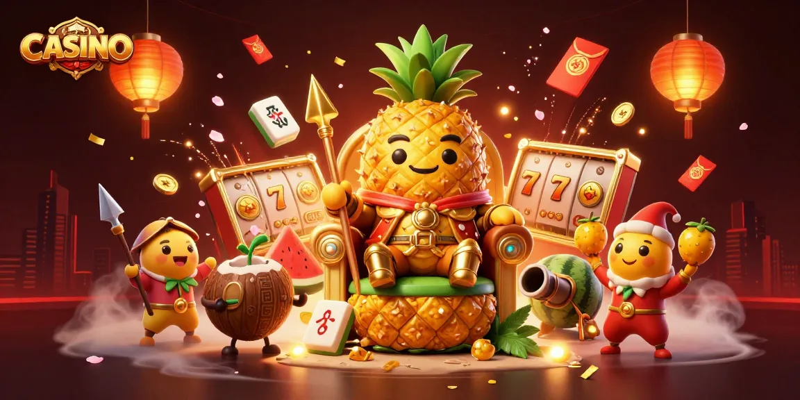 Experience thrilling CASINO action with a vibrant 3D illustration of our golden pineapple king in a dynamic scene.