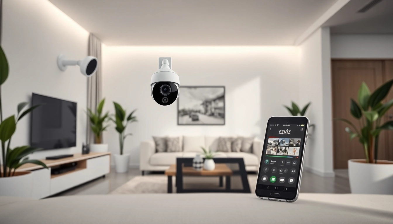 Instalación de cámaras Ezviz en una sala de estar moderna que ilustra una integración perfecta con la decoración del hogar.