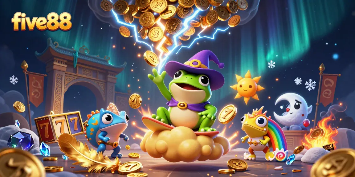 Join the excitement of five88 with a whimsical 3D illustration of a wizard frog unleashing golden coins.