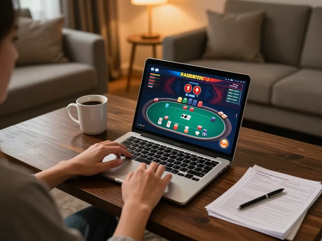 Engaging poker gameplay on 32win's online platform in a cozy home setting.