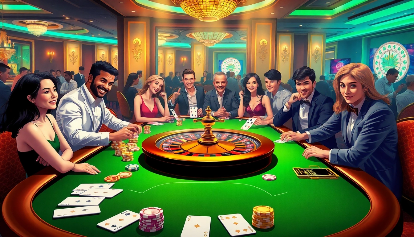 Players enjoying a thrilling game at LuckyWin casino with vibrant atmosphere and poker chips.