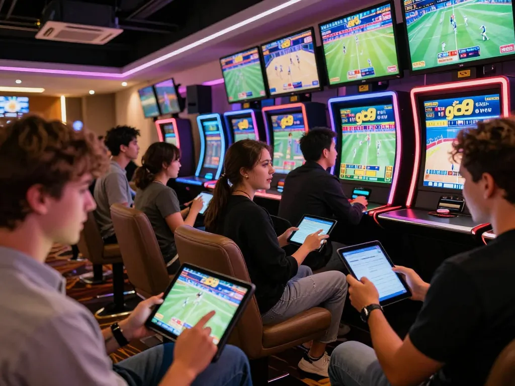 Fans engaging in sports betting at go99 with screens showing live game odds and enthusiastic reactions.