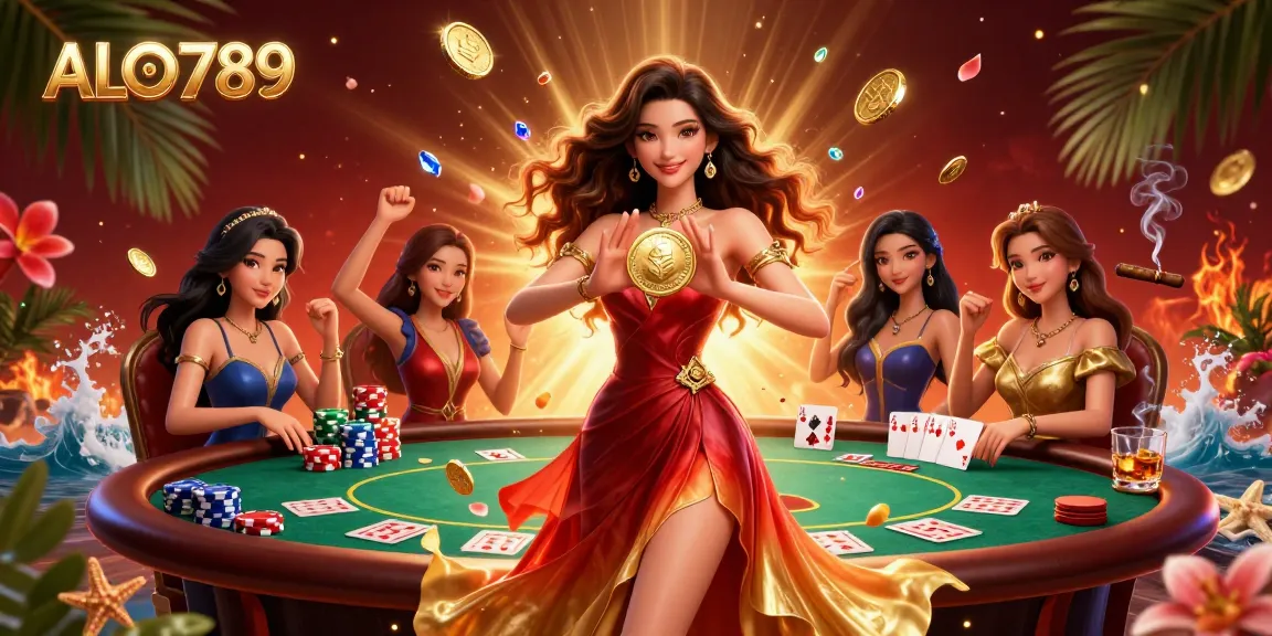 Experience the excitement of ALO789 as a stunning Asian woman showcases a golden coin amid vibrant casino elements.