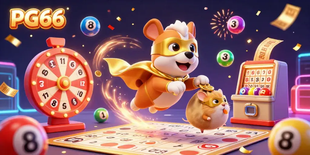 Marvel at PG66's vibrant 3D casino scene with a superhero dog and hamster amid festive gaming elements.